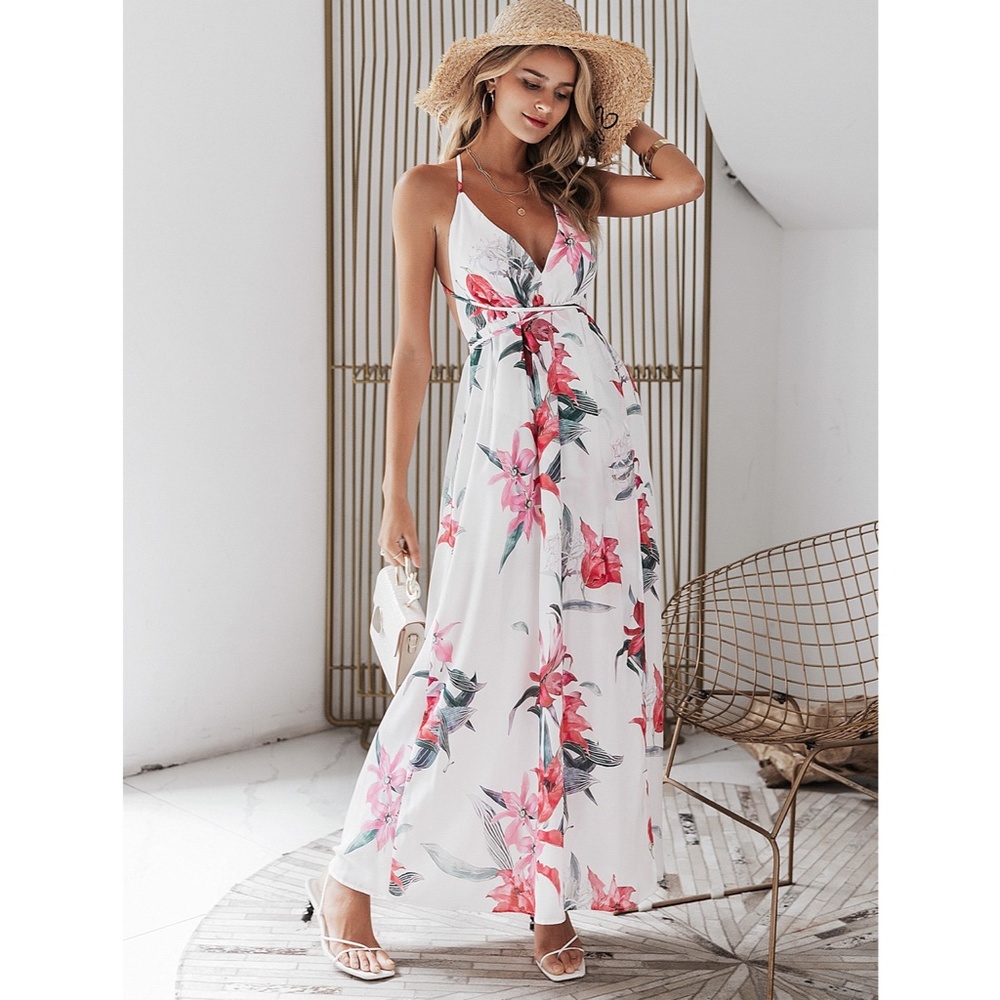 Deep V Backless Strappy White Floral Maxi Dress - Picture 6 of 14